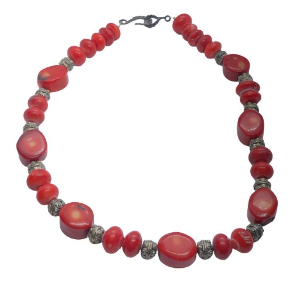 Unique Vintage Sterling Silver & Red Coral Nugget 16" Necklace